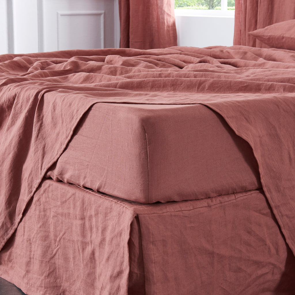 Side View of Rust Red 100% Linen Fitted Sheet - linenforce
