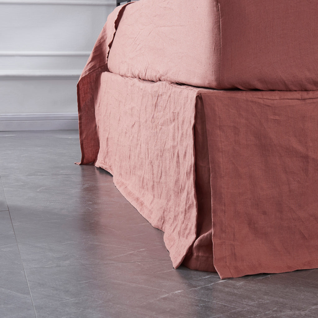 Side View of Rust Red 100% Linen Bedskirt with Split Corner - linenforce