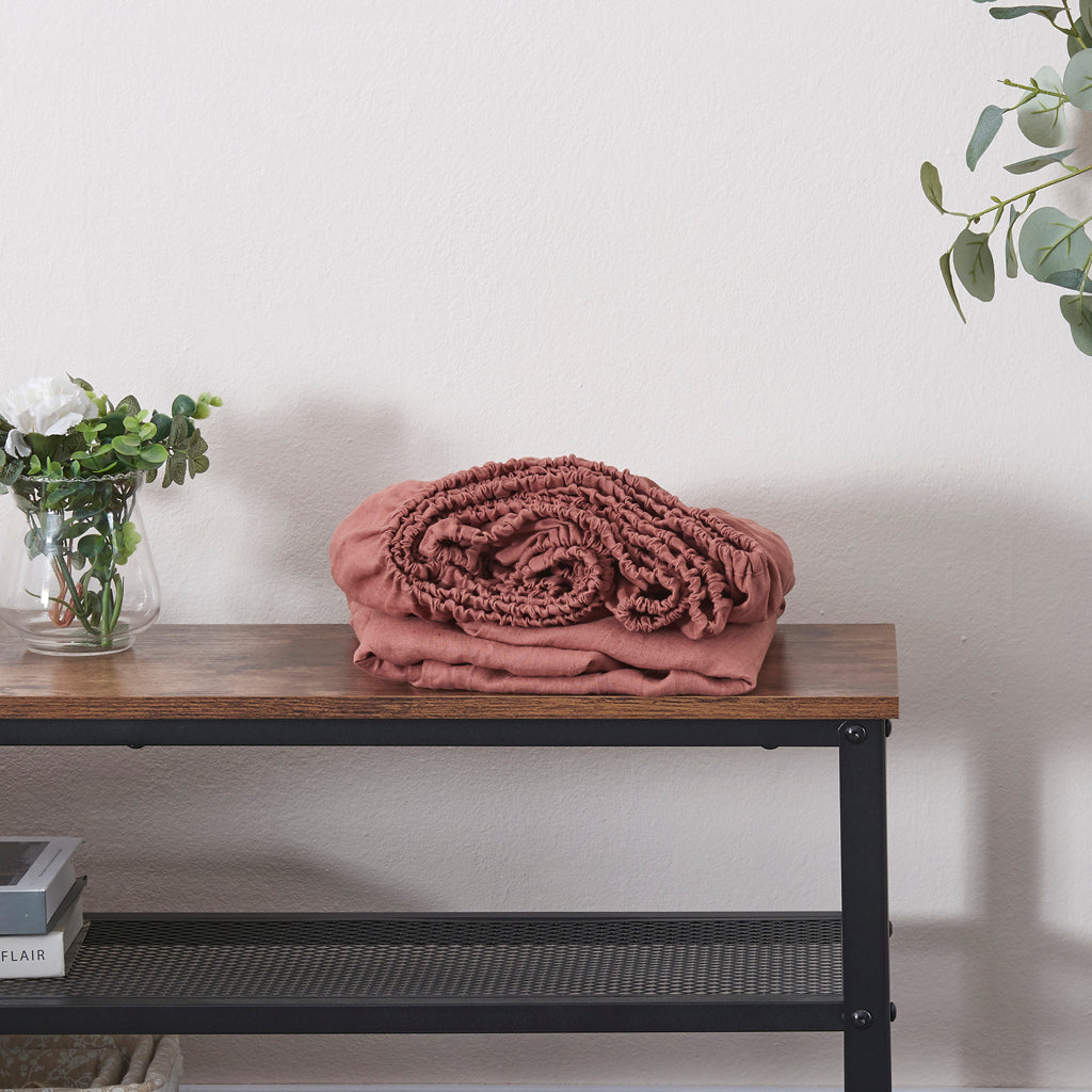 Rust Red 100% Linen Fitted Sheet On Bench - linenforce