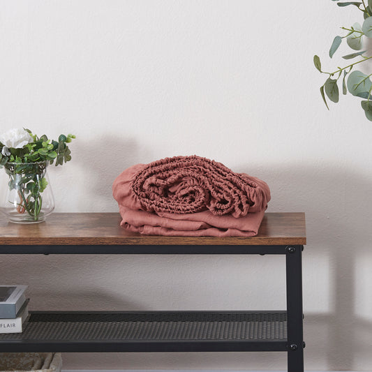 Rust Red Linen Fitted Sheet on Bench