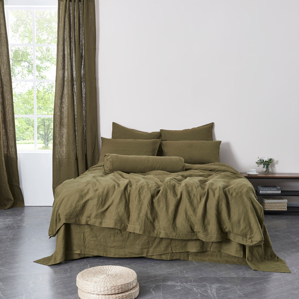 Olive Green 100% Linen Duvet Cover With Ties in Bedroom