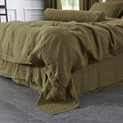 Corner of 100% Linen Olive Green Duvet Cover With Ties