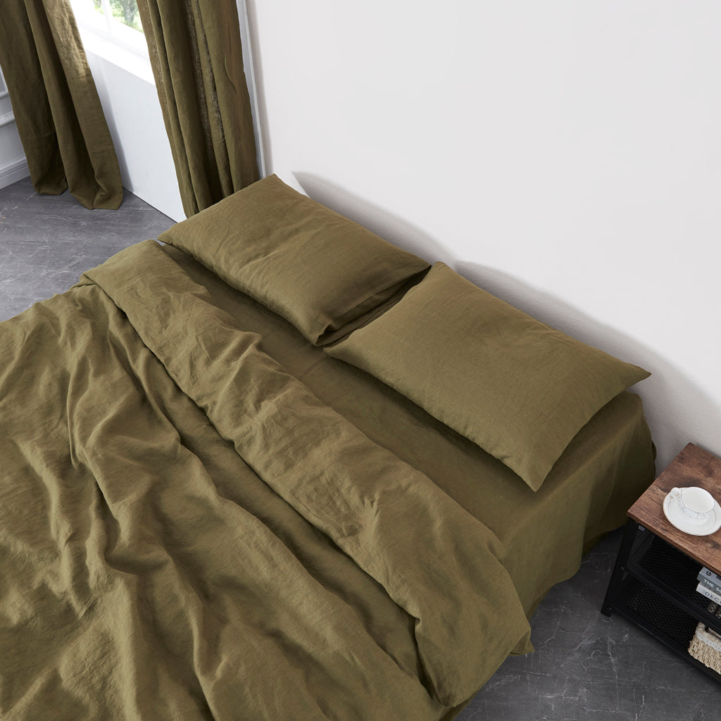 Olive Green Linen Pillowcases on Bed