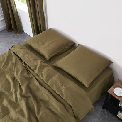 Olive Green Linen Pillowcases on Bed