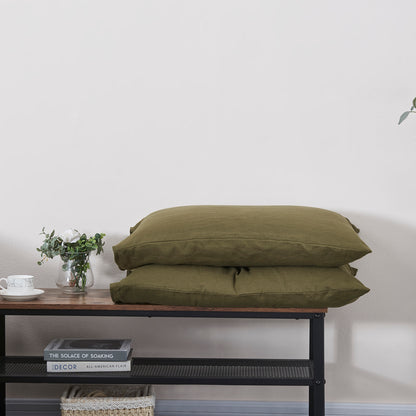 Stack of Pillows with Olive Green Linen Housewife Pillowcases