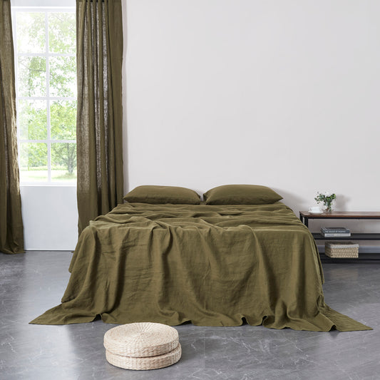 Olive Green 100% Linen Flat Sheet on Bed
