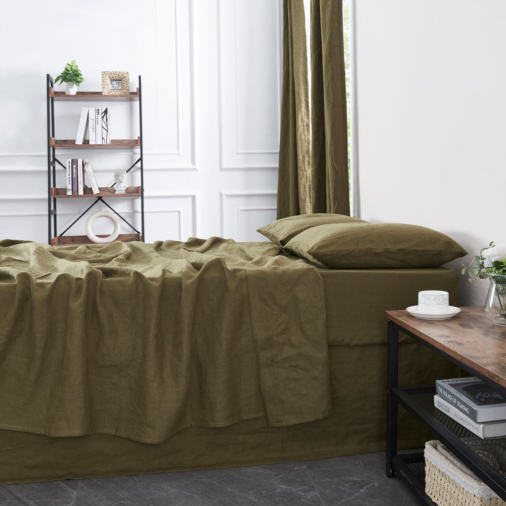 Side View Of Olive Green 100% Linen Flat Sheet on Bed