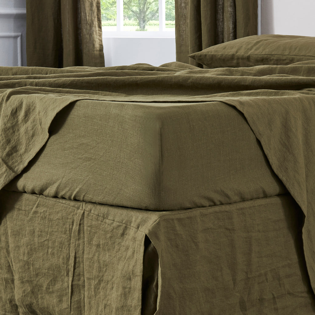 Linen Olive Green Fitted Sheet on Bed