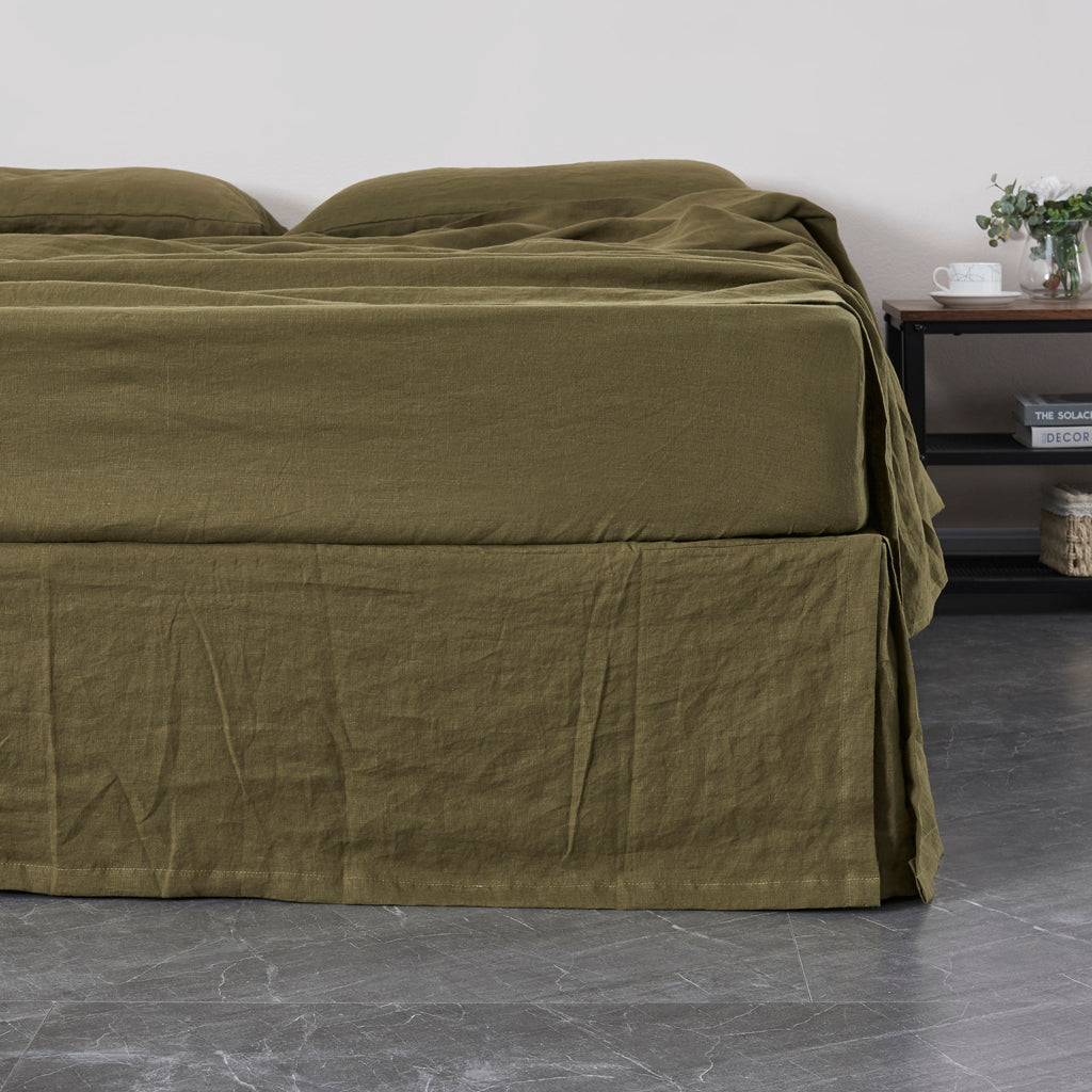 Front View of Green Olive 100% Linen Bedskirt With Split Cover - linenforce