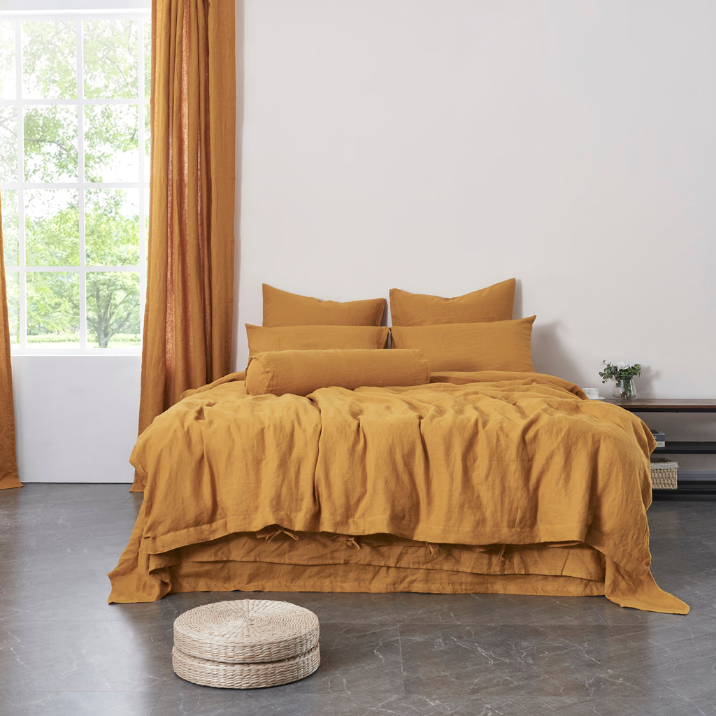 Mustard Linen Duvet Cover With Ties on Bed