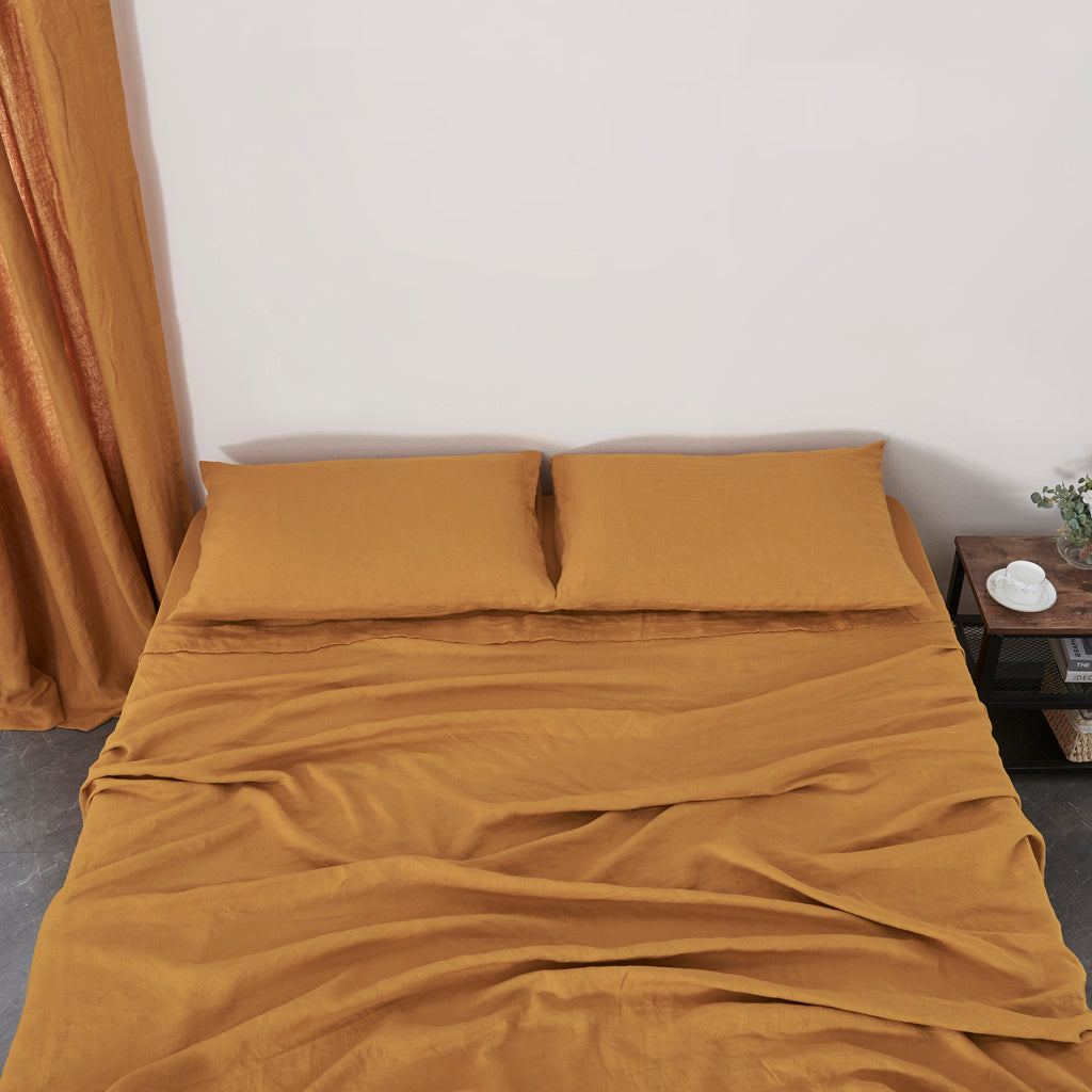 Mustard 100% Linen Sheet Set on Bed - linenforce