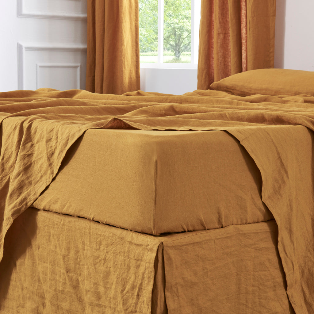 Linen Mustard Fitted Sheet on Bed