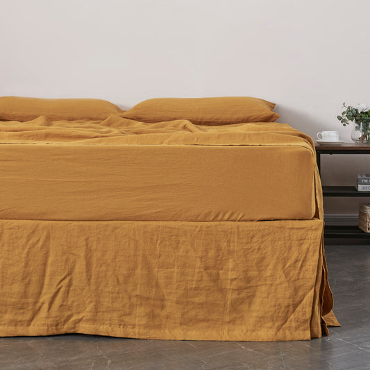 Mustard Linen Bedskirt With Split Corner