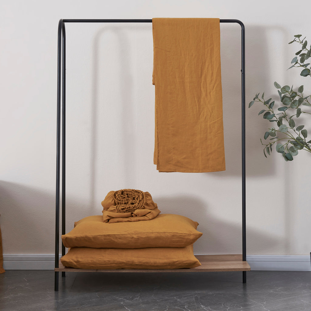 Mustard 100% Linen Sheet Sets on Shelf - linenforce