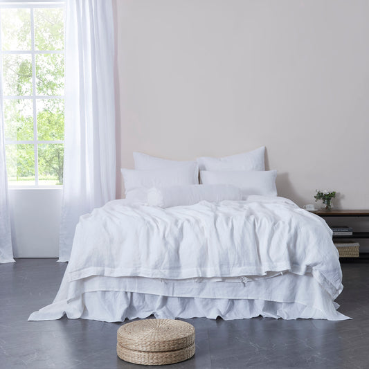 100% Linen Optic White Duvet Cover With Ties on Bed