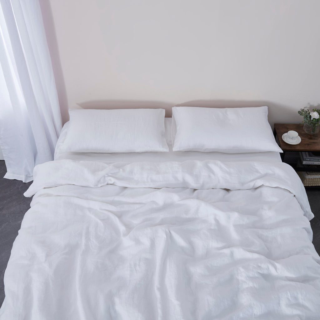 White 100% Linen Sheet Set on Bed - linenforce