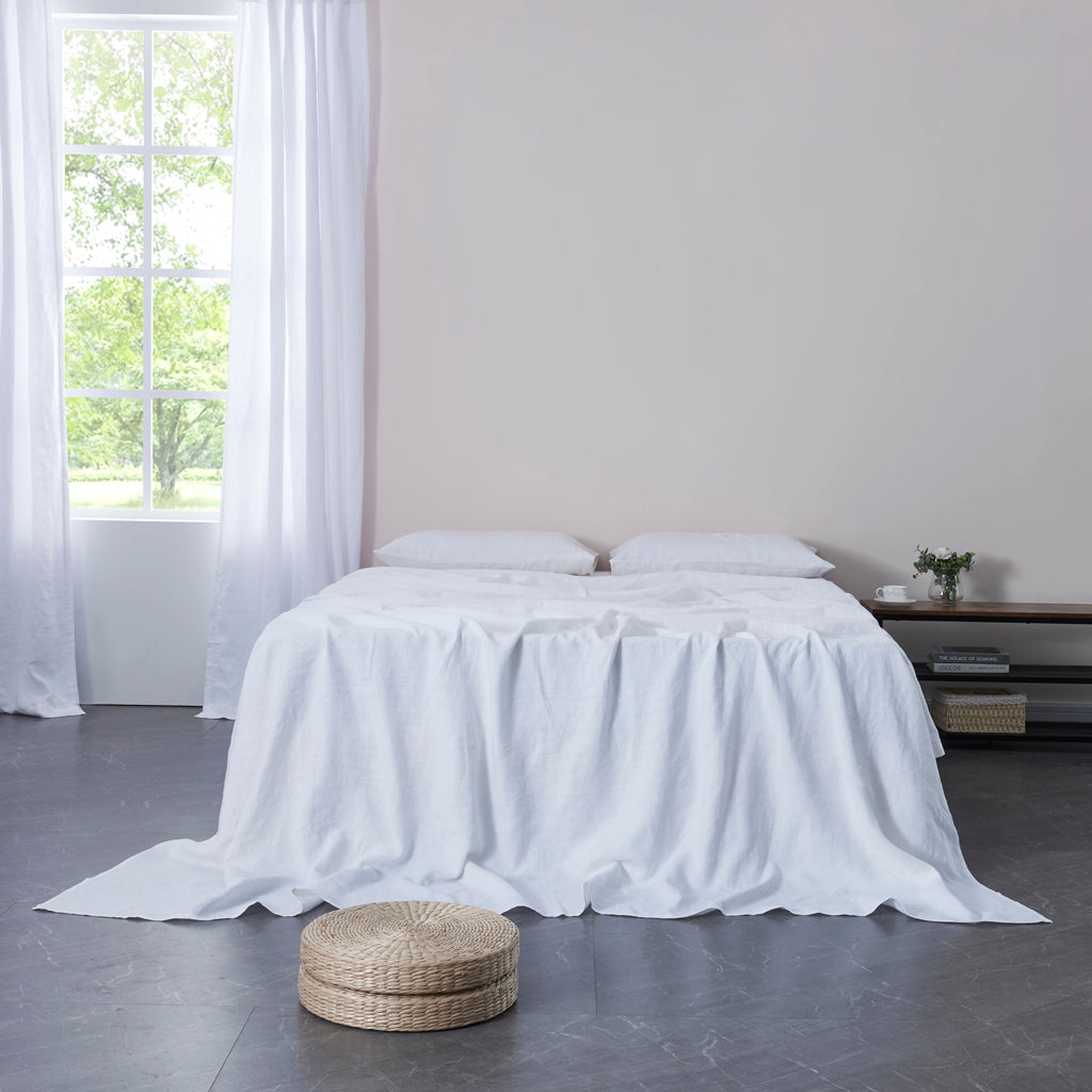 Optic White Cooling Linen Flat Sheet on Bed