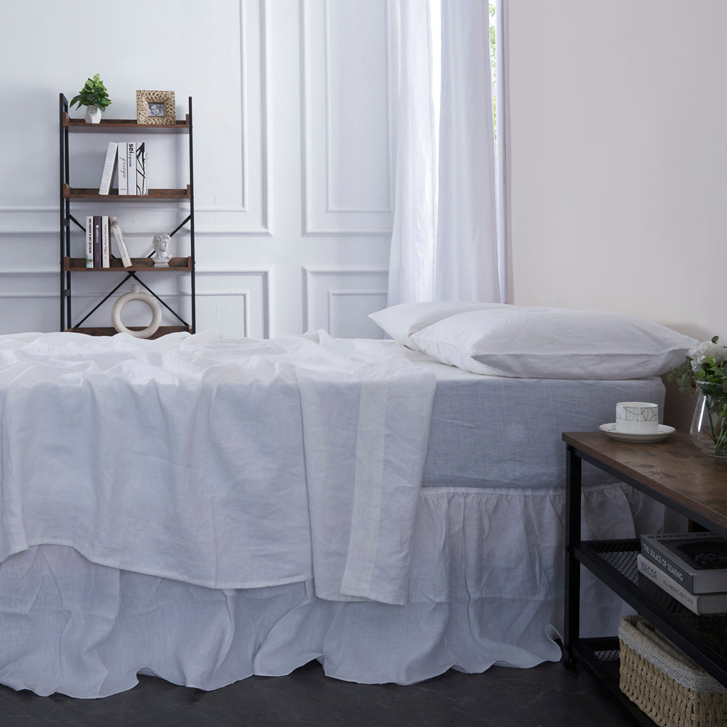 Optic White Linen Flat Sheet on Bed with Matching Pillowcases