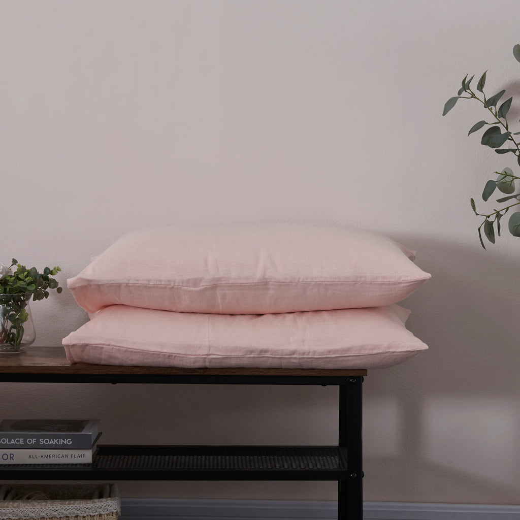 Peach 100% Linen Housewife Pillowcases on Bench - linenforce