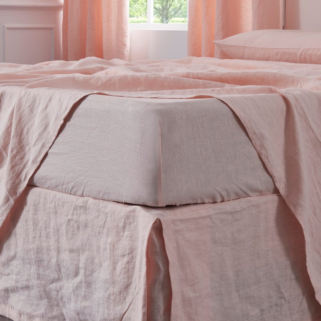 Side View of Peach 100% Linen Fitted Sheet - linenforce