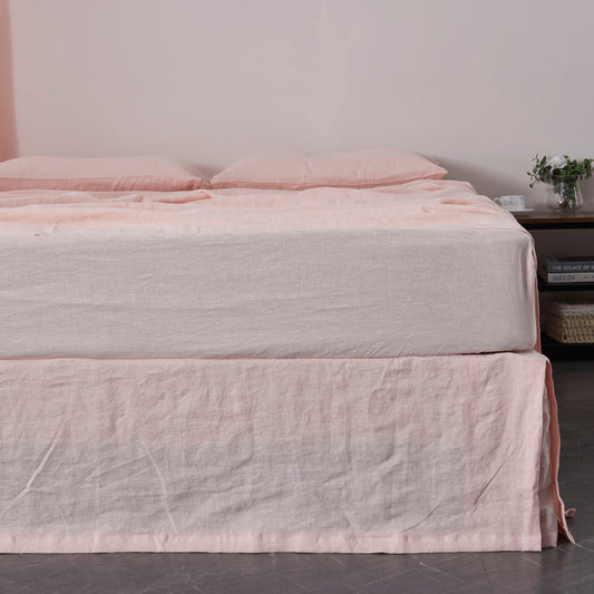 Front View Of Peach 100% Linen Bedskirt With Split Corner - linenforce