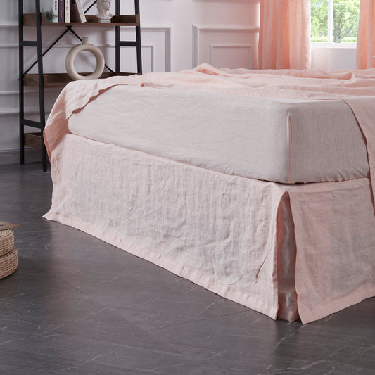 Side View Of Peach 100% Linen Bedskirt With Split Corner - linenforce