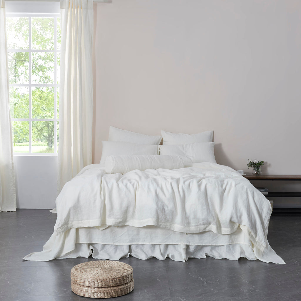 100% Linen Ivory White Duvet Cover on Bed