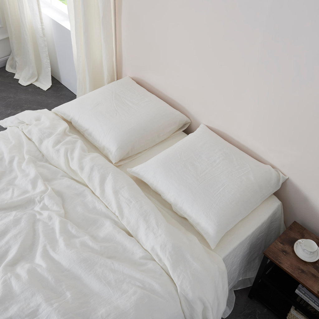 Ivory White Linen Euro Pillowcases on Bed