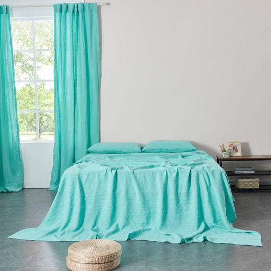 Aqua Green 100% Linen Flat Sheet On Bed