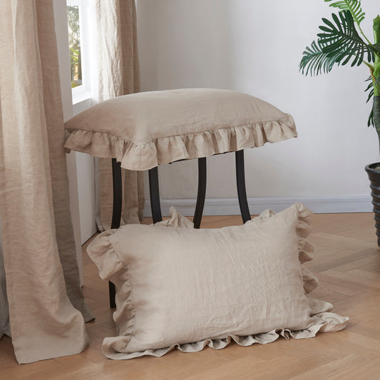 Natural Linen Pillowcases with Ruffle Hem