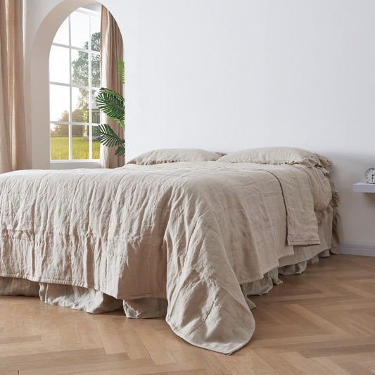 Side View Of Natural 100% Linen Quilts With Cotton Padding On Bed - linenforce