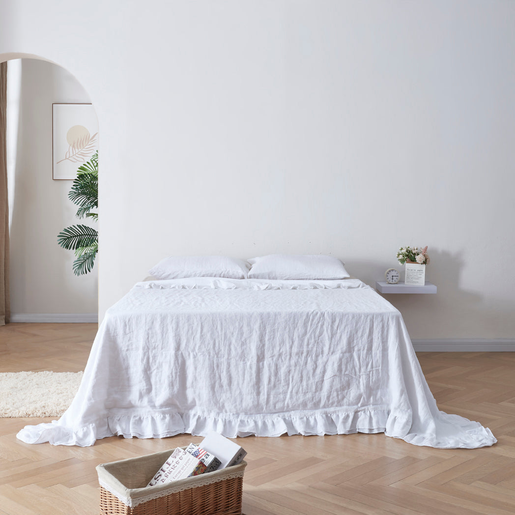 White 100% Linen Ruffle Hem Coverlet on Bed - linenforce