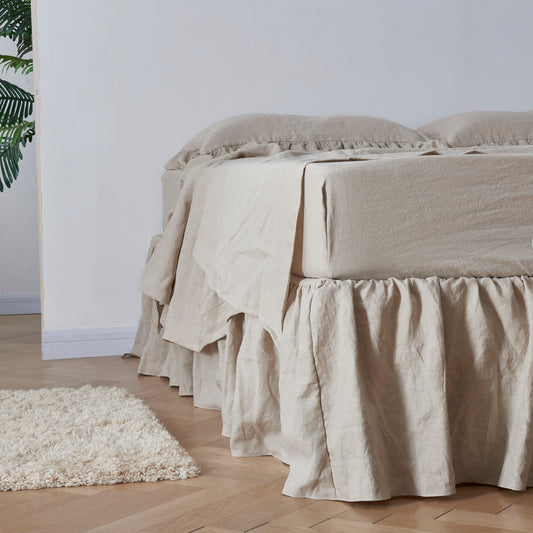Natural Linen Gathered Dust Ruffle on Bed