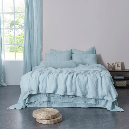 Pale Blue Linen Duvet Cover With Ties on Bed