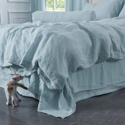Corner of Pale Blue Linen Duvet Cover With Ties