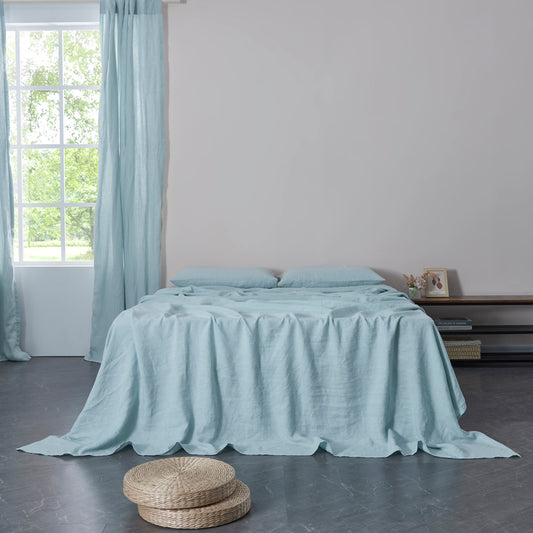 Pale Blue 100% Linen Flat Sheet on Bed - linenforce