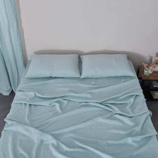 Pale Blue 100% Linen Sheet Set on Bed - linenforce