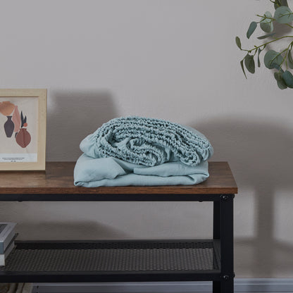 Pale Blue Linen Fitted Sheet on Shelf