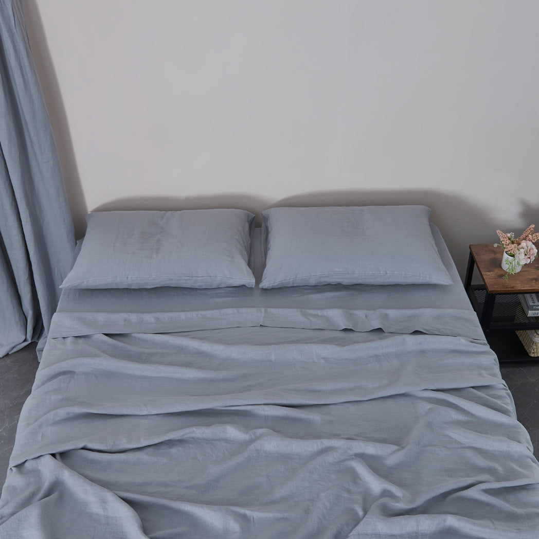 Alloy Grey 100% Linen Sheet Set on Bed - linenforce