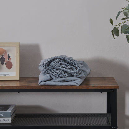 Alloy Gray Linen Fitted Sheet Folded on Shelf