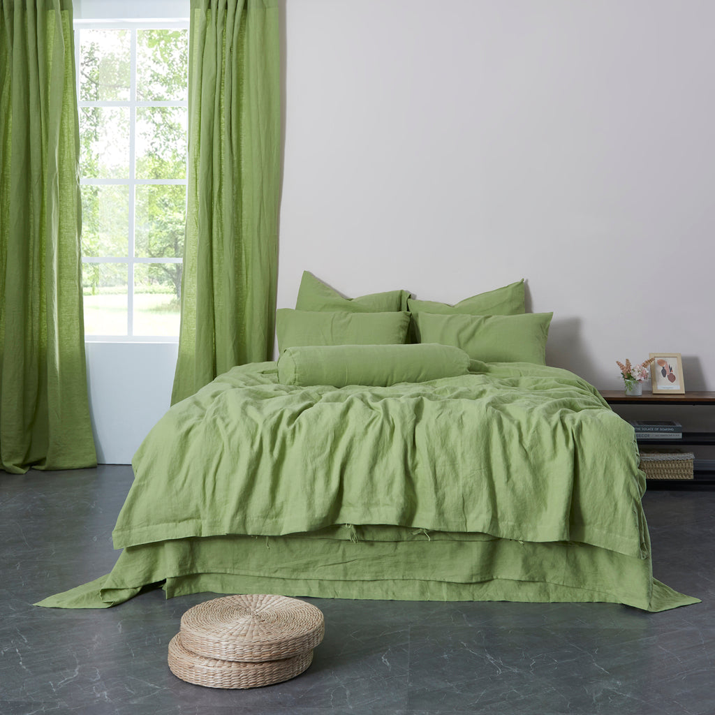 Front View Of Matcha 100% Linen Duvet Cover With Ties - linenforce