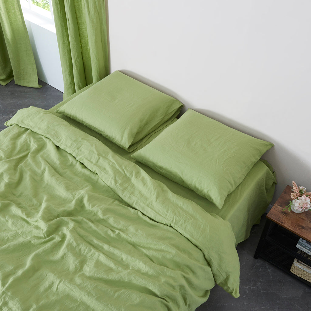 Matcha 100% Linen Euro Pillowcases On Bed - linenforce