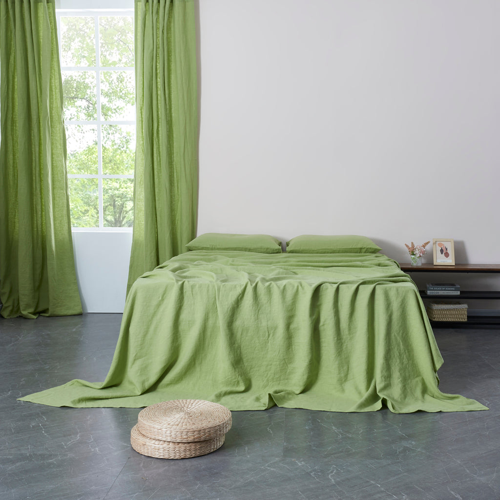Matcha 100% Linen Flat Sheet On Bed - linenforce