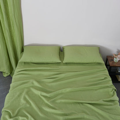 Matcha Green Linen Sheet Set On Bed