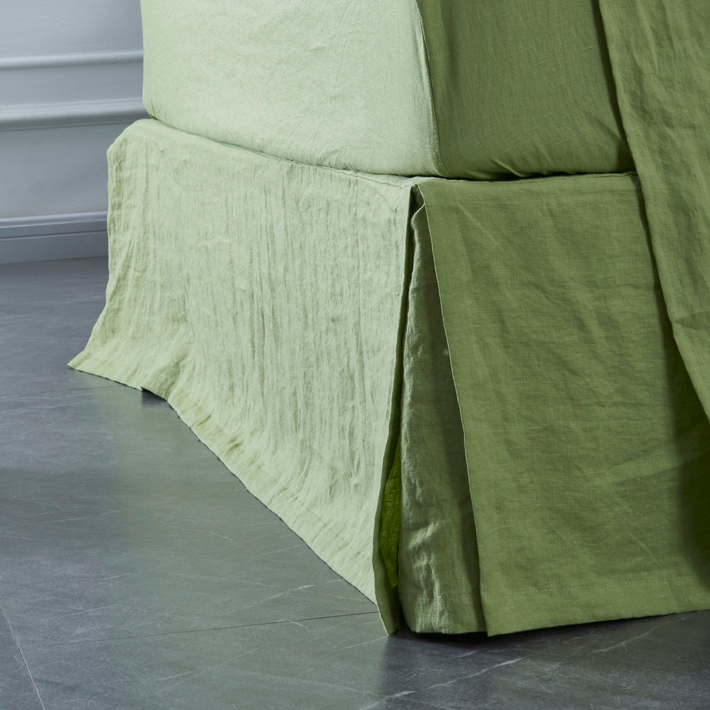 Side View Of Matcha 100% Linen Bedskirt With Split Corner - linenforce