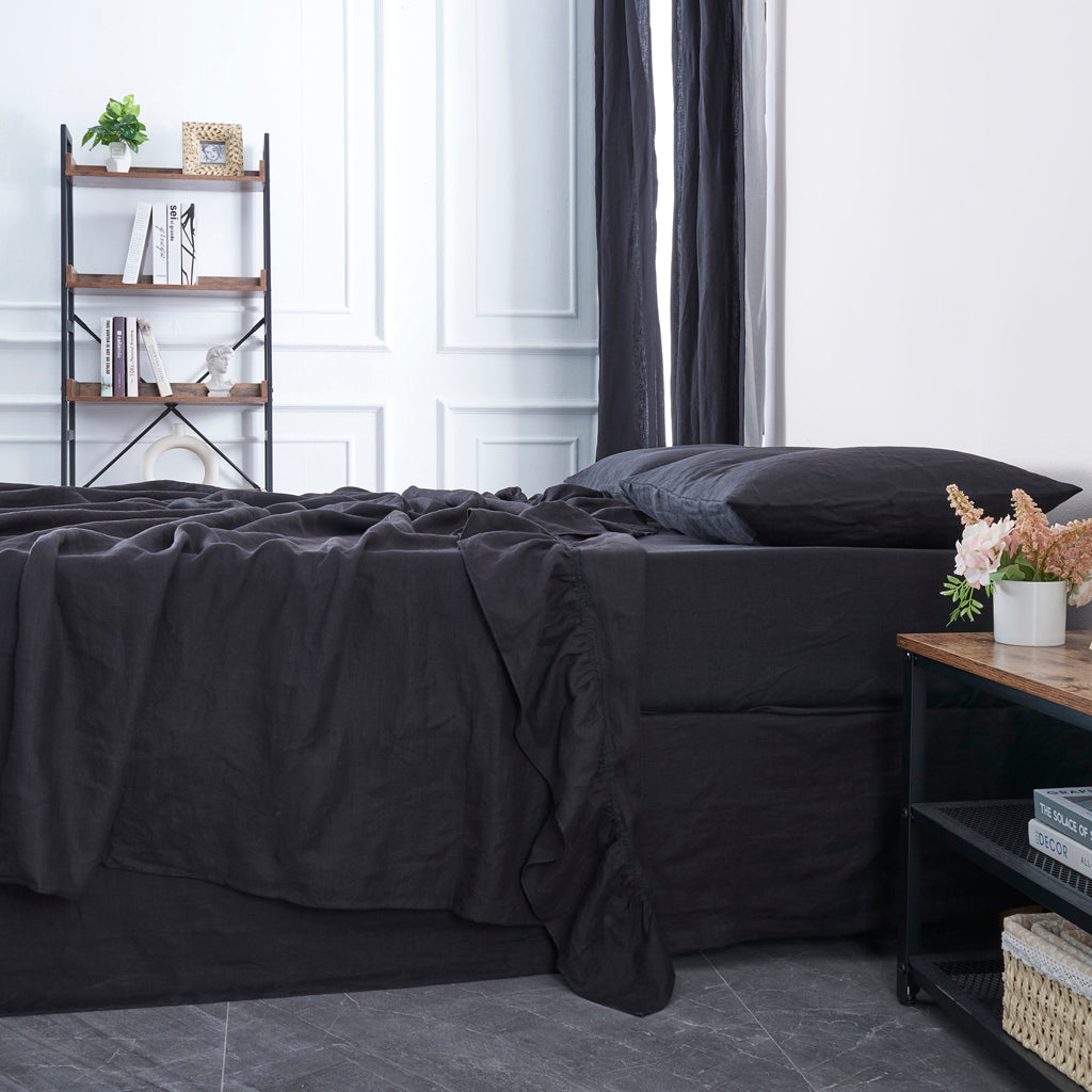Size View Of 100% Linen Ruffle Hem Flat Sheet on Bed - linenforce