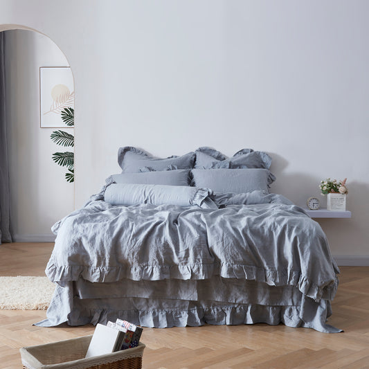Alloy Grey 100% Linen Ruffle Hem Duvet Cover On Bed - linenforce