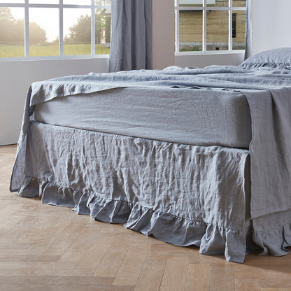 Alloy Gray Linen Bedskirt with Ruffle Hem on Bed