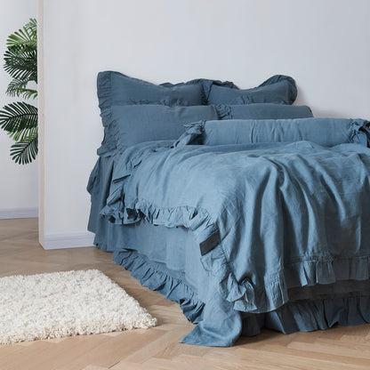 French Blue Linen Duvet Cover with Ruffle Hem