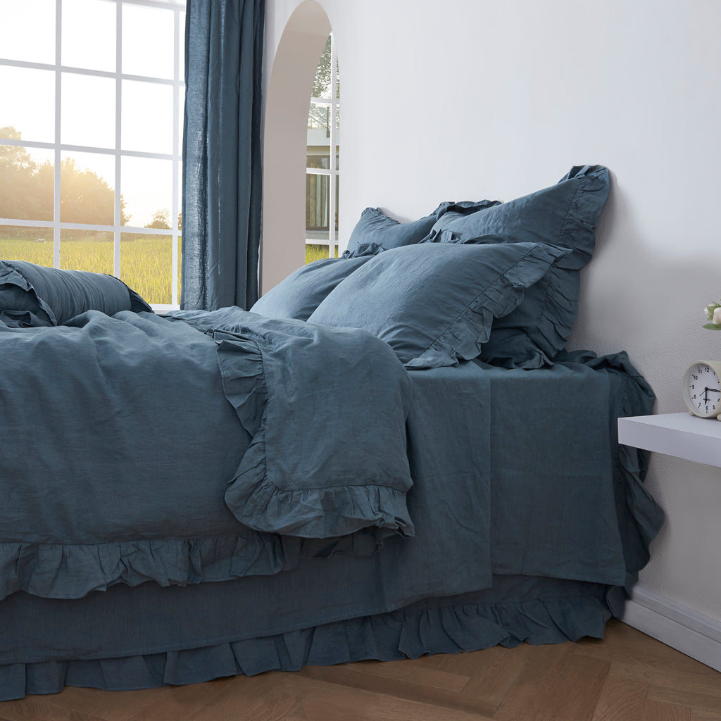 French Blue Linen Bedding with Ruffles